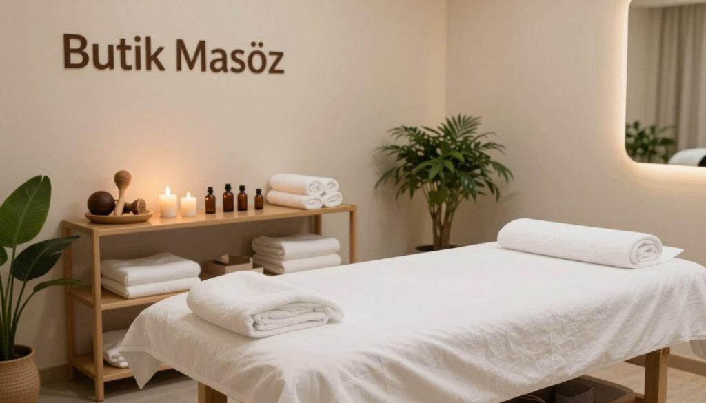 A serene and inviting massage therapy room showcasing high hygiene standards, prominently featuring the brand name "Butik Masöz". In the foreground, a massage table covered with crisp, clean linens, surrounded by essential oils and soothing candles. The middle ground displays a neatly organized shelf with massage tools and fresh towels, emphasizing cleanliness. The background reveals soft, ambient lighting with an atmosphere of tranquility, complete with potted plants for a touch of nature. The angle should capture the entire room to convey a sense of safety and professionalism, while the mood remains calming and welcoming. Ensure all human subjects are dressed in professional attire, maintaining a safe and respectful environment.