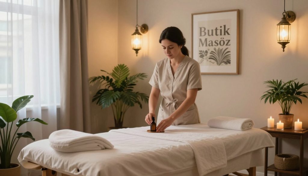 A serene and inviting massage therapy room, showcasing the concept of "Butik Masöz" services. In the foreground, a massage table adorned with soft linens, surrounded by scented candles and lush green plants that create a calming atmosphere. In the middle, a professional masöz in modest attire, gently preparing oils, radiating warmth and expertise. The background features peaceful artwork on the walls, soft lighting from vintage lamps illuminating the space, and light filtering through sheer curtains, enhancing the tranquil ambiance. The overall mood is soothing and welcoming, emphasizing relaxation and well-being within the popular Kadıköy neighborhood.