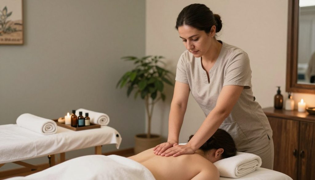 A serene and inviting massage therapy session in Sefaköy, featuring a peaceful, softly lit room. In the foreground, a professional massage therapist, dressed in modest casual clothing, expertly performs a therapeutic massage on a client lying on a massage table. The therapist displays a calm and focused expression, embodying professionalism. In the middle, essential tools for the session are neatly arranged, including essential oils and soft towels. The background showcases calming decor with muted colors, soft lighting, and perhaps a potted plant, adding to the soothing atmosphere. The overall mood is tranquil and therapeutic, conveying the essence of relaxation and care associated with "Butik Masöz". The angles are welcoming, capturing the essence of a nurturing environment free from distractions.