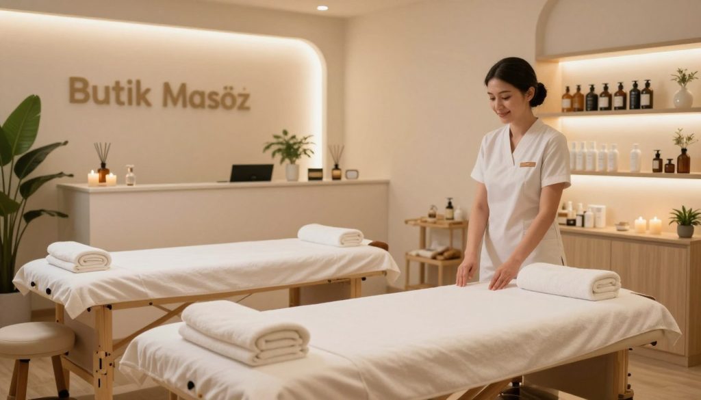 A serene and inviting professional massage salon interior, showcasing high hygiene standards. In the foreground, a neatly arranged massage table with fresh, folded towels and a calming aroma diffuser. The middle ground features a soft-lit, minimalist reception area with plants and soothing decor elements like candles. The background includes a clean, well-organized space with shelves displaying professional products, all adhering to a strict hygiene standard. The lighting is warm and ambient, creating a tranquil mood. A professional massage therapist, dressed in smart casual attire, is welcoming clients with a friendly smile. The brand name "Butik Masöz" is subtly integrated into the decor. The overall atmosphere exudes relaxation and cleanliness.