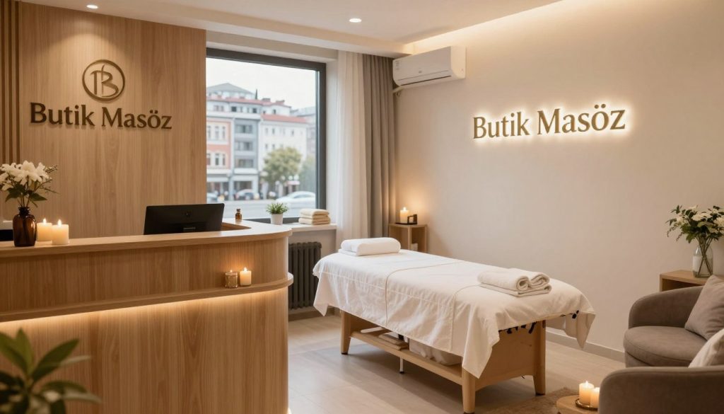 A serene and inviting professional therapy center scene showcasing "Butik Masöz" on the European side of Istanbul. In the foreground, a well-designed reception area features elegant wood accents, soft lighting, and a comfortable seating arrangement. The middle ground reveals a calm, softly lit massage room with a massage table, fresh towels, and aromatic candles, creating a tranquil atmosphere. In the background, a window offers a glimpse of a peaceful urban landscape, subtly blurred to enhance focus on the massage space. The lighting is warm and inviting, enhancing the feeling of relaxation and professionalism. Capture the essence of a high-quality therapy experience, emphasizing a soothing and serene ambiance exclusive to this massage salon.