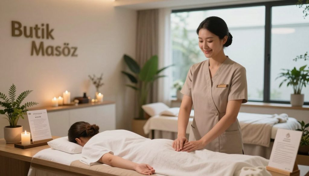 A serene and inviting scene depicting a relaxing massage practice environment referred to as "Butik Masöz." In the foreground, a well-organized reception area showcases a professional massage therapist in modest, professional attire, welcoming clients with a warm smile. The middle ground features a luxurious treatment room with soft ambient lighting, soothing colors, and calming decor, including candles and plants. In the background, a large window lets in natural light, creating a tranquil atmosphere. A brochure subtly rests on a table, hinting at appointment booking details without any text. The mood is calm and professional, highlighting the importance of preparation before a massage. The focus is on creating a welcoming space for clients seeking relaxation and wellness.