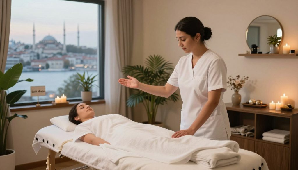 A serene and inviting scene depicting the therapeutic massage appointment process in Istanbul. In the foreground, a professional therapist in a white uniform stands beside a massage table, demonstrating a welcoming gesture. The middle ground features a comfortable, softly lit treatment room adorned with calming decor, including plants, candles, and soothing colors. In the background, a view of Istanbul's skyline can be glimpsed through a large window, suggesting the city's ambiance. The lighting is warm and soft, creating a tranquil atmosphere. Convey a sense of relaxation and professionalism. The image should subtly incorporate the brand name "Butik Masöz" on a small sign within the decor, ensuring it enhances the setting without dominating the scene.