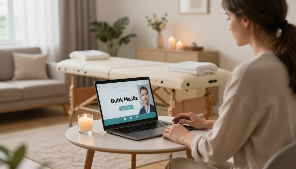 A serene and inviting scene of a home massage reservation process in Ataköy, showcasing a cozy, well-decorated living room with soft lighting. In the foreground, a professional-looking individual in modest casual attire sits at a stylish table with a laptop open, engaging in a video call to book a massage. The middle ground features a plush massage table surrounded by soothing décor elements like candles and plants, adding to the tranquil atmosphere. In the background, soft curtains filter natural light, creating a warm ambiance. The overall mood conveys relaxation and professionalism, emphasizing the ease of making a reservation through "Butik Masöz". The focus is on creating a welcoming environment, reflecting the inviting nature of home massages.