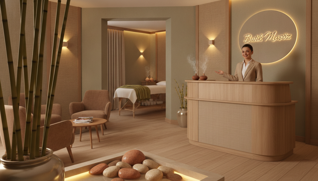 A serene and inviting scene of a massage center named "Butik Masöz" located in Bahçeşehir. In the foreground, there are elegantly arranged decorative elements like bamboo plants and soft, warm-colored stones, creating a calming atmosphere. The middle ground features a welcoming reception area with a professional staff member in business attire, smiling warmly. The background shows a tranquil massage room, softly lit with warm lighting, featuring a massage table adorned with fresh, clean linens. The ambiance exudes relaxation and professionalism, with muted earth tones and soothing textures. Capture the essence of accessibility, comfort, and a sense of sanctuary for clients seeking massage therapy. The image should evoke a feeling of peace and professionalism without any text overlays.
