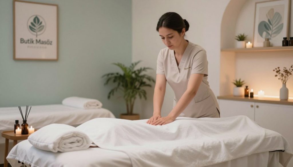 A serene and inviting scene of a professional massage setting, featuring a comprehensive massage therapy room. In the foreground, a plush massage table draped in crisp white linens with soothing aromatherapy oils nearby. The middle ground showcases a skilled, professional female masseuse in modest, professional attire, demonstrating a gentle and welcoming posture as she prepares to assist a client. The background reveals soft ambient lighting with calm colors, framed by decorative elements like plants and calming artwork, creating a tranquil atmosphere. The overall mood is peaceful and restful. Incorporate branding elements subtly by placing a stylish logo of "Butik Masöz" on a nearby shelf or wall. Use a soft-focus lens effect to enhance the serene vibe, capturing the essence of high-quality massage services in Üsküdar.