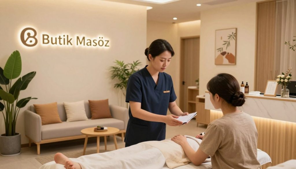 A serene and inviting scene showcasing a modern massage therapy center named "Butik Masöz." In the foreground, display a professional therapist, dressed in smart casual attire, discussing options with a potential client at a beautifully designed reception area. The middle ground features a calming waiting area with soft lighting and natural elements like potted plants and bamboo decor. In the background, glimpses of private treatment rooms can be seen, softly lit, adorned with soothing colors and relaxing artwork. The overall atmosphere should convey tranquility and professionalism, inviting a sense of comfort and trust for those seeking massage therapy. Use warm, diffused lighting to enhance the peaceful ambiance while ensuring a clear focus on the interactions. Capture the scene from a slightly elevated angle to encompass the entire space effectively.