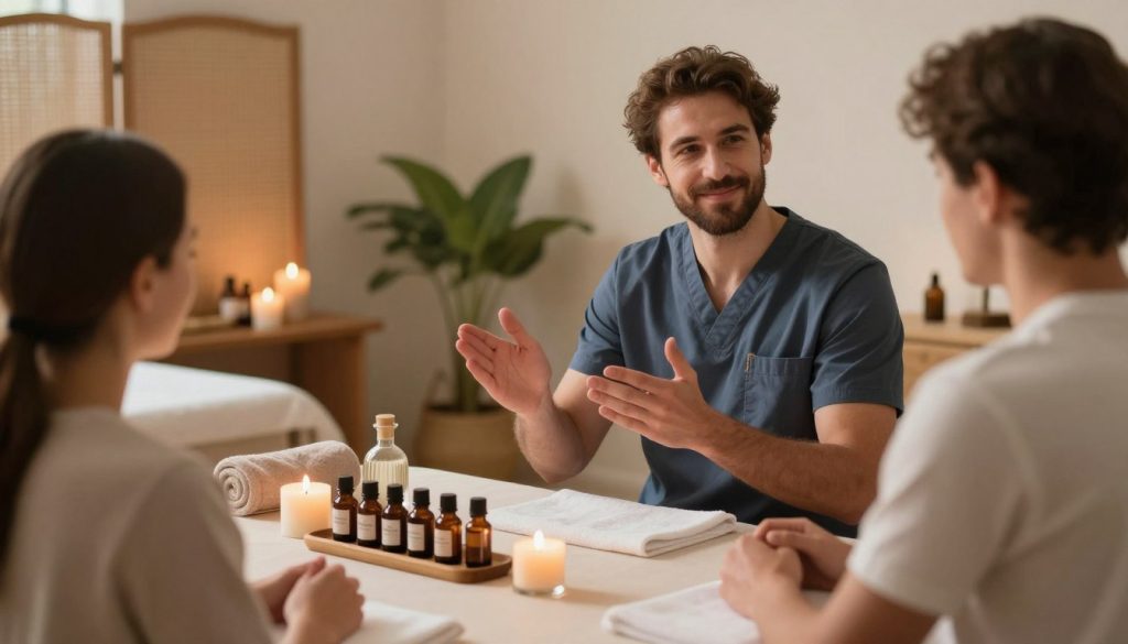 A serene and inviting setting for a massage therapy consultation. In the foreground, a professional male massage therapist dressed in smart, casual attire, demonstrating a welcoming demeanor as he interacts with a client over a consultation table. In the middle ground, meticulously arranged massage oils and essential oils in elegant bottles, surrounded by soft towels and candles creating a calming ambiance. In the background, a softly lit room featuring natural wooden elements, plants, and privacy screens, emphasizing tranquility and relaxation. The lighting should be warm and inviting, casting gentle shadows to enhance the soothing atmosphere. Overall, the image should communicate professionalism and comfort, reflecting the essence of the "Butik Masöz" brand.