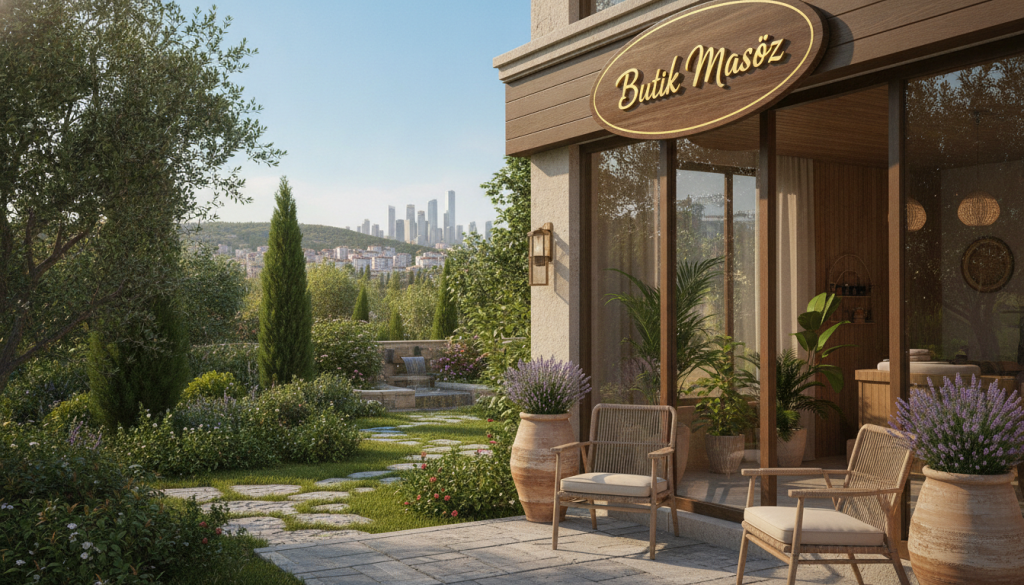 A serene and inviting setting representing the concept of "Beylikdüzü massage salon location selection." In the foreground, a welcoming storefront of "Butik Masöz" with an elegant sign and glass façade, showcasing a harmonious blend of nature and architecture. The middle ground features a traditional Turkish landscape with green trees and soft landscaping, creating a tranquil ambiance. In the background, a distant view of Beylikdüzü's unique skyline and gentle hills under a clear blue sky. Soft, natural lighting enhances the peaceful atmosphere, captured from a slightly elevated angle to provide depth. The overall mood is calm and soothing, encouraging a sense of relaxation and the importance of choosing the right location for wellness services.