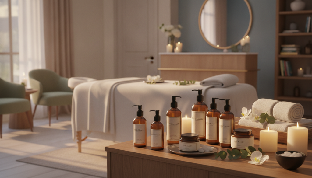 A serene and inviting spa and massage center focused on quality products. In the foreground, display neatly arranged, high-end massage oils and lotions labeled "Butik Masöz," showcasing their luxurious packaging. In the middle, showcase a softly lit massage table adorned with plush white linens, surrounded by candles and fresh flowers, promoting a calming atmosphere. In the background, gently blurred, depict an elegant reception area with soothing decor, tranquil colors, and soft ambient lighting. The scene should be bathed in warm, natural light, casting soft shadows to create a peaceful and inviting mood. The composition offers a glimpse into a premium spa experience, highlighting the importance of quality in massage product selection without any text, logos, or human subjects.