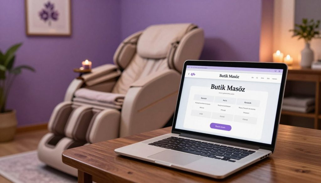 A serene and inviting spa environment for "Butik Masöz" showcasing an online massage appointment system. In the foreground, a sleek laptop on a polished wooden table displays an elegant booking interface, reflecting the ease of scheduling a massage. In the middle, a plush massage chair draped in soft towels and aromatic candles creating a peaceful atmosphere. The background features calming lavender walls adorned with soothing artwork and indoor plants that add a touch of nature. Soft, warm lighting gives a relaxing glow, enhancing the tranquil vibe. The angle is slightly elevated, focusing on the laptop while capturing elements of the luxurious spa setting. A sense of calm and professionalism pervades the image, portraying the essence of simple, efficient appointment booking.