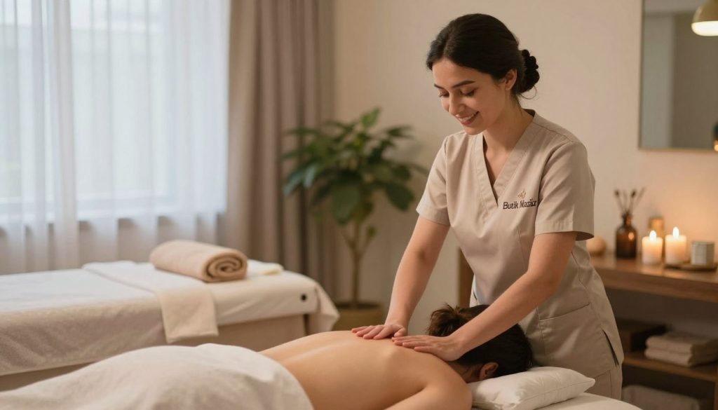 A serene and inviting spa environment in Mecidiyeköy, featuring a professional female massage therapist in modest, professional attire, engaging with a client in a soothing setting. The foreground highlights the massage therapist demonstrating a welcoming smile, embodying professionalism and expertise. In the middle, a clean and well-organized massage table adorned with soft linens and scented candles adds a touch of relaxation. The background showcases a calming ambiance, with soft lighting filtering through translucent curtains and potted plants adding a touch of nature. The overall mood is tranquil and nurturing, evoking a sense of comfort and trust. The brand name "Butik Masöz" subtly integrated into the scene. Use warm lighting and a slightly blurred backdrop to emphasize the foreground while creating an inviting atmosphere.