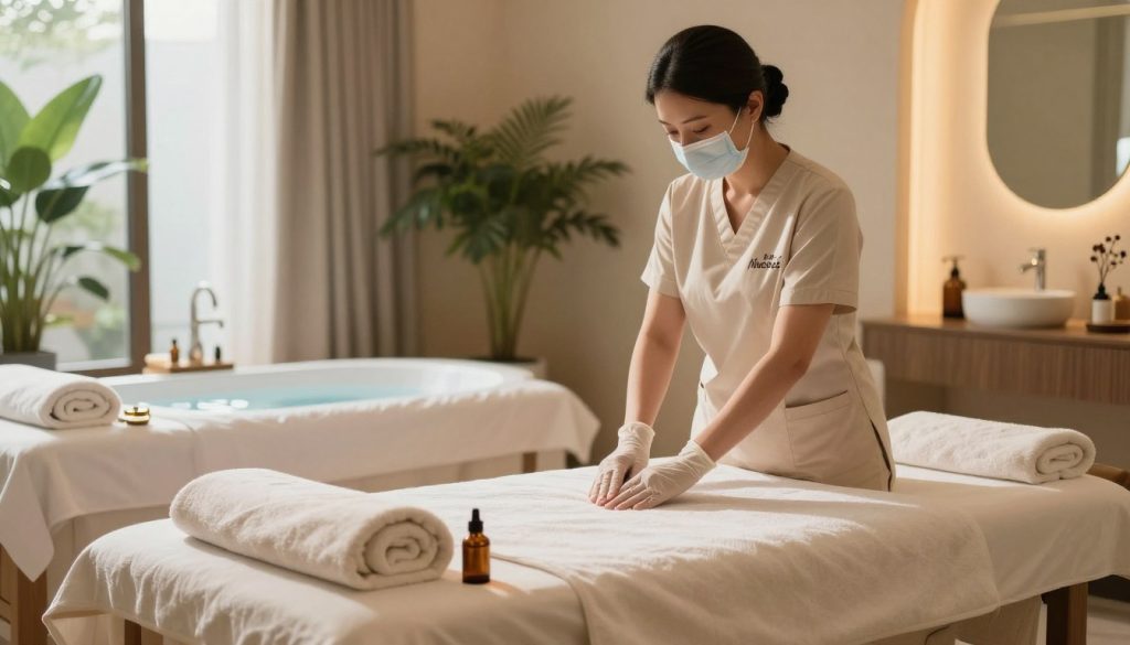 A serene and inviting spa environment showcasing "Butik Masöz" hygiene standards. In the foreground, a neatly arranged massage table adorned with fresh, clean towels and essential oils, radiating a sense of calm. The middle layer features a skilled masseur, dressed in professional attire, practicing proper hygiene, such as wearing gloves and using sanitized tools. The background reveals a softly lit, tranquil spa room with soothing colors, plants, and gently flowing water to enhance the atmosphere. Natural lighting filters through large windows, casting a warm glow. The overall mood is peaceful and reassuring, emphasizing health and safety measures in a luxurious spa setting.