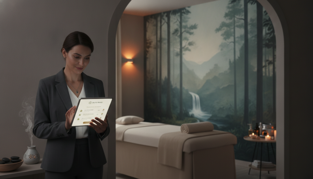 A serene and inviting spa environment, showcasing a modern digital comparison tool on a sleek tablet. In the foreground, a professional in modest business attire reviews relaxing spa massage packages offered by "Butik Masöz." The tablet displays various massage options and pricing in a user-friendly interface. In the middle, a tranquil massage room with warm lighting, soft towels, and essential oils suggests relaxation and indulgence. The background features a beautiful nature mural, evoking a sense of calm. Soft, ambient lighting gently highlights the scene, creating an inviting atmosphere perfect for decision-making. The overall mood is peaceful and informative, emphasizing the ease of online service comparisons in the wellness industry.
