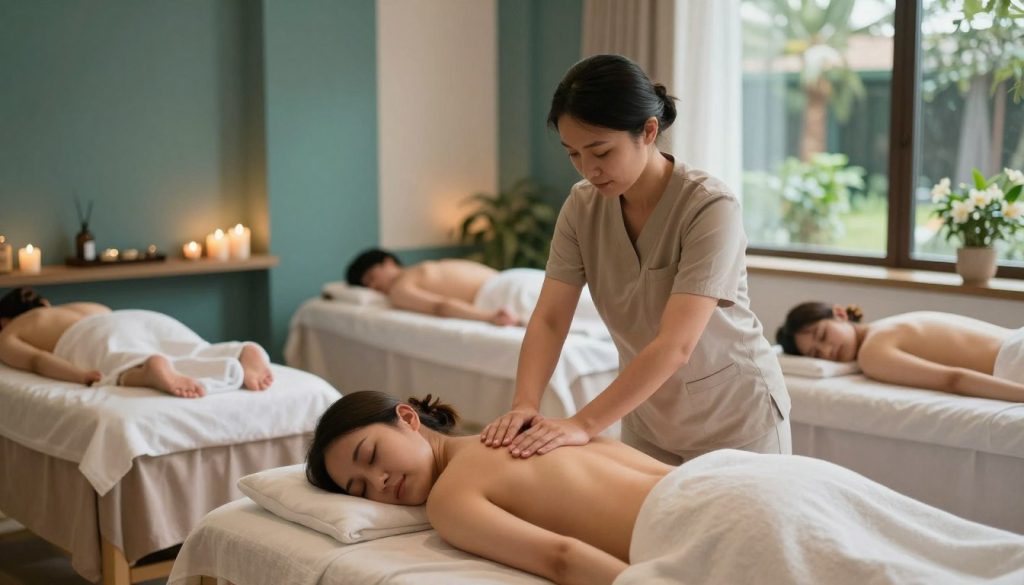 A serene and inviting spa environment showcasing various types of massage services offered by Butik Masöz in Kadıköy. In the foreground, a professional massage therapist in modest casual clothing is performing a relaxing back massage on a client who appears relaxed and tranquil. In the middle ground, a beautifully arranged room features different massage treatment areas, adorned with soft lighting, calming colors like teal and beige, and aromatic candles. The background showcases a soothing image of a tranquil garden view through large windows, casting gentle natural light into the space. The atmosphere is peaceful and rejuvenating, inviting viewers to explore the diverse benefits of different massage types. The overall composition is warm and welcoming, emphasizing relaxation and well-being without any text or distractions.
