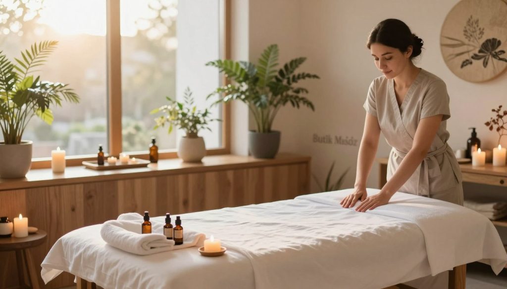 A serene and inviting spa interior, showcasing a luxurious massage salon in Istanbul. In the foreground, a beautifully arranged massage table adorned with soft white linens and essential oils, surrounded by calming candles. The middle layer features a tranquil space with natural wooden accents, potted plants, and artistic decorations, emphasizing relaxation. In the background, large windows allow soft, warm sunlight to filter in, creating a cozy atmosphere. A professional masseuse in modest casual clothing prepares for a session, exuding a sense of calm and expertise. The ambiance should evoke a feeling of peace, wellness, and rejuvenation. The brand name "Butik Masöz" is subtly integrated into the decor. Use soft focus to enhance tranquility, with warm lighting to accentuate the serene environment.