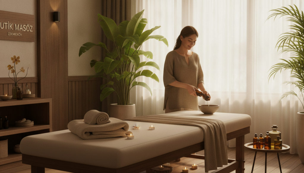 A serene and inviting spa setting at "Butik Masöz" in Çekmeköy, showcasing a tranquil massage room. In the foreground, a neatly arranged massage table adorned with soft towels and aromatic candles emits a warm glow. The middle ground features a professional therapist in modest, casual attire preparing essential oils, radiating a calming energy. Background elements include lush indoor plants and soft lighting to create an atmosphere of relaxation and comfort. The color palette consists of earthy tones, with wooden accents enhancing the natural feel. Bright yet soothing light filters through sheer curtains, illuminating the space with a peaceful ambiance. The image should convey a sense of tranquility and wellness, perfect for illustrating spa services offered in Çekmeköy.