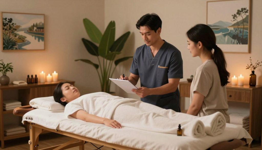 A serene and inviting spa setting depicting a calm and professional massage appointment planning scenario. In the foreground, a beautifully arranged wooden massage table with soft towels and soothing essential oils. In the middle ground, a friendly, professional-looking male or female massage therapist in elegant business attire is discussing the appointment details with a client, who is dressed casually but modestly. Soft ambient lighting creates a warm atmosphere, highlighting the calming colors of the spa decor. The background features a tranquil scene with plants, soft candles, and serene artwork to evoke a sense of relaxation and trust. The brand name "Butik Masöz" should be subtly incorporated into the spa decor, emphasizing professionalism and quality service.