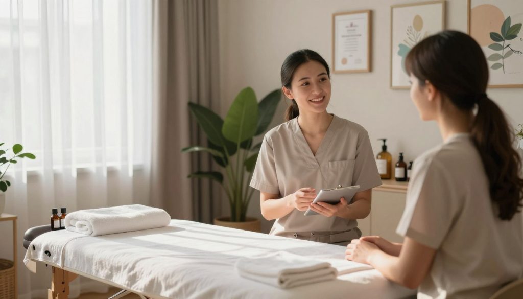A serene and inviting space for a massage therapy consultation at Butik Masöz, featuring a well-decorated room with a calming atmosphere. In the foreground, a professional-looking masöz in modest business attire discusses selection criteria with a potential client, showcasing a warm smile. Soft natural light filters through sheer curtains, casting gentle shadows. The middle ground includes a massage table neatly prepared with fluffy towels and aromatherapy oils, emitting a tranquil vibe. In the background, soothing colors and plants enhance the relaxation theme, with calming decor elements such as framed certificates on the wall and calming artwork. The overall mood is professional yet comforting, evoking a sense of trust and care.