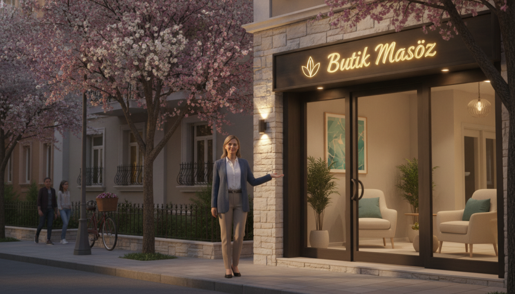A serene and inviting street scene in Esenyurt, showcasing a well-appointed massage salon named "Butik Masöz". In the foreground, a professional and friendly massage therapist, dressed in smart casual attire, stands welcomingly outside the salon. The middle ground features the boutique's elegant entrance with ambient warm lighting, showcasing a calming interior glimpse through the glass door, decorated with soft colors and relaxing decor. In the background, a picturesque neighborhood atmosphere with tree-lined streets and blooming flowers, hinting at the local community's charm. The lighting is soft and golden, capturing a peaceful evening setting. The overall mood is tranquil and inviting, perfect for illustrating the significance of neighborhood choice in enhancing the massage experience.