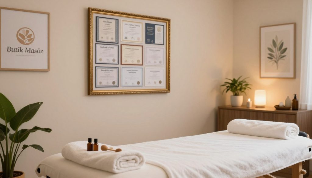 A serene and inviting therapeutic massage room, highlighting the essential certification criteria for massage therapists. In the foreground, a neatly arranged massage table featuring soft towels, essential oils, and professional massage tools. The middle ground shows a well-organized certification display on the wall, showcasing various certifications and qualifications with an elegant frame, emphasizing a professional setting. The background features warm, ambient lighting with potted plants and calming artwork, creating a peaceful atmosphere. A subtle logo of "Butik Masöz" is placed tastefully in one corner, blending seamlessly with the decor. The image conveys professionalism and trust, suggesting a space where quality massage therapy can thrive. Use a soft focus lens effect to enhance the inviting and relaxed mood.