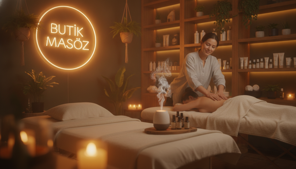 A serene and inviting wellness massage salon named "Butik Masöz," showcasing a luxurious yet calming atmosphere. In the foreground, a cozy massage room with soft ambient lighting, massage tables adorned with plush towels, and essential oil diffusers releasing soothing scents. In the middle, a professional therapist in modest casual clothing provides a massage to a client, indicating the personal touch and care involved in the services. The background features shelves with wellness products and calming plants, enhancing the tranquil environment. The scene is captured with a warm color palette and soft focus, evoking relaxation and comfort, perfect for illustrating the concept of extra wellness services offered at the salon.