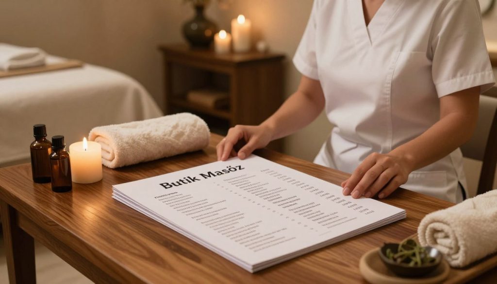 A serene and luxurious spa environment in Istanbul showcasing a beautifully organized massage price list on a polished wooden table. In the foreground, a neatly laid out brochure titled "Butik Masöz" prominently displayed alongside natural elements like candles and aromatic oils. The middle features a well-groomed spa therapist in professional attire, attentively reviewing the list while surrounded by plush towels and dimly lit ambient light. The background reveals elegant spa decor, with soft textures and calming colors, creating an inviting atmosphere. The lighting is warm and soft, emanating a sense of relaxation and tranquility. The angle is slightly elevated, capturing the details of the spa setting without any distractions or text.