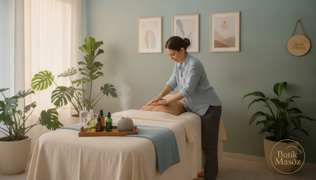 A serene and peaceful interior of a professional massage therapy room reflecting the psychological effects of therapeutic massage. In the foreground, a massage table with soft, neutral linens and a carefully arranged selection of aromatherapy oils. In the middle, a focused therapist, dressed in smart casual clothing, gently applying techniques on a client’s back, showcasing relaxation and trust. The background features calming colors like soft blues and greens, with delicate lighting enhancing the tranquil atmosphere. A few potted plants and soothing artwork adorn the walls, creating an environment that embodies wellness and mental calmness. The brand name "Butik Masöz" subtly integrated into the decor. The overall mood is one of serenity and comfort, emphasizing the holistic benefits of massage therapy.