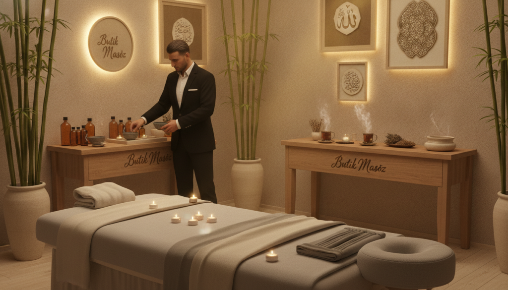 A serene and professional massage salon in Istanbul, embodying relaxation and tranquility. In the foreground, a cozy massage bed adorned with soft, neutral-toned linens and aromatic candles flickering gently. In the middle ground, a skilled masseur, dressed in professional business attire, prepares essential oils on a wooden table alongside calming herbal teas. The background showcases elegant décor, including soft lighting, bamboo plants, and traditional Turkish art pieces, creating a warm atmosphere. The room is suffused with a soothing golden light, highlighting textures and inviting a sense of peace. The brand name "Butik Masöz" is subtly incorporated into the elegant décor elements, reinforcing the salon's identity.