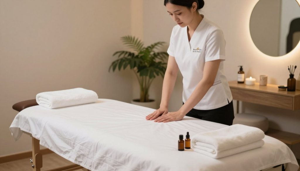 A serene and professional massage therapy room, depicting high hygiene standards. In the foreground, a massage table is impeccably covered with fresh, white linens, surrounded by clean towels and aromatic essential oils. In the middle ground, a skilled masseuse dressed in professional attire, such as a clean white shirt and black pants, is preparing the environment by arranging equipment thoughtfully. The background features soft, ambient lighting that creates a calming atmosphere, with plants and wellness decor enhancing the serene feel. The overall mood is one of tranquility and professionalism, emphasizing safety and cleanliness in the massage therapy setting. Include the brand name "Butik Masöz" subtly integrated into the decor, ensuring a focus on high hygiene standards.