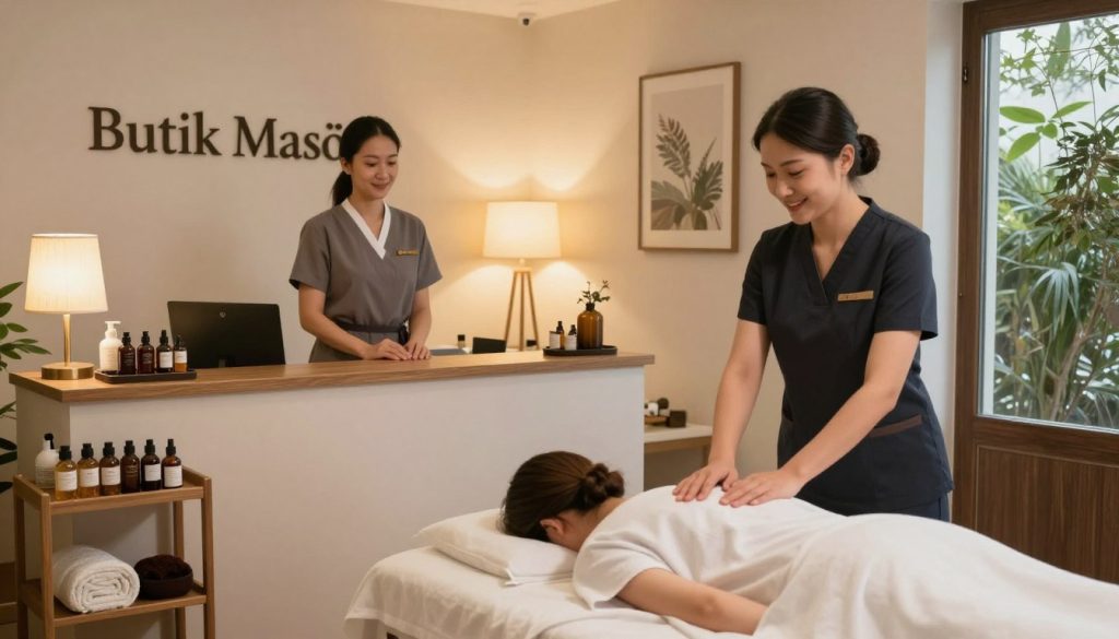 A serene and professional setting for a massage appointment at "Butik Masöz" in Kartal. In the foreground, a well-organized reception area with a friendly receptionist in smart casual attire, welcoming a client. The middle ground features a cozy massage room, adorned with soft lighting from elegant lamps, and soothing colors, exuding relaxation. A massage table draped with fresh linens, various massage oils neatly arranged on a shelf, and calming artwork on the walls enhance the ambience. In the background, a hint of lush greenery is visible outside through frosted glass windows, creating a tranquil atmosphere. The entire scene is illuminated with warm, inviting light, suggesting a sense of comfort and professionalism, while ensuring a Safe For Work depiction.