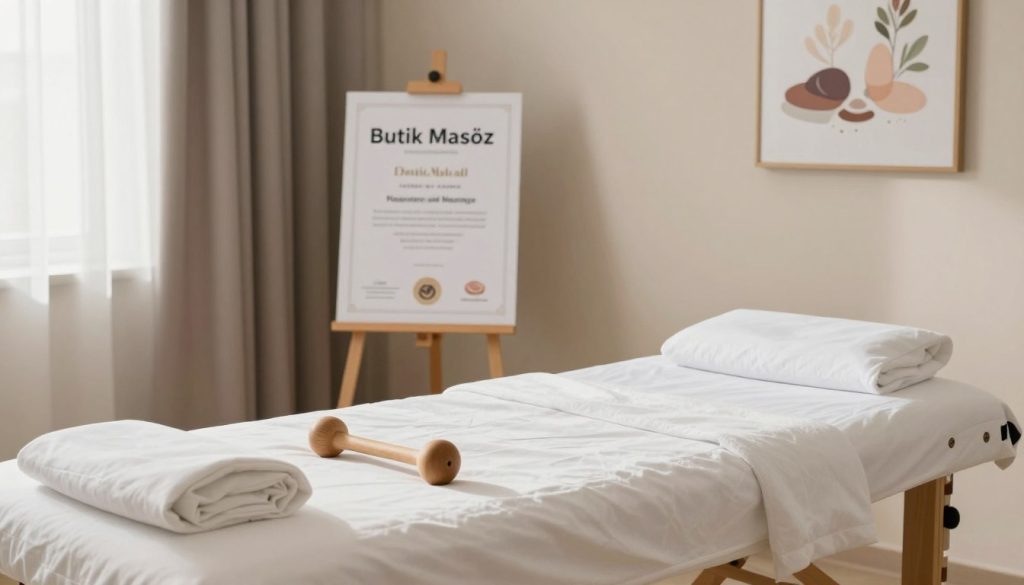 A serene and professional setting showcasing "Butik Masöz" certification standards for medical massage. In the foreground, display a well-organized massage table with high-quality linens and massage tools artistically arranged. In the middle, include a certificate on a stylish easel, highlighting professionalism and quality. The backdrop features soft neutral colors with calming artwork depicting wellness themes, creating a tranquil atmosphere. Use natural light filtering through a window, creating a gentle glow that enhances the calming mood. The image should be captured with a slightly angled perspective to highlight both the certificate and the massage equipment effectively. The overall vibe is one of professionalism and care in the massage therapy field.