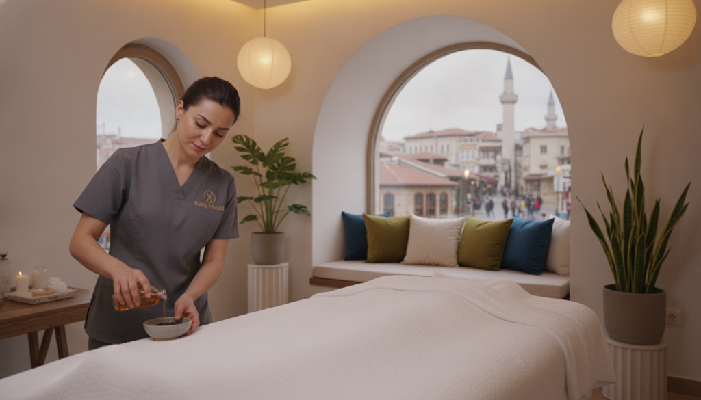 A serene and tranquil interior of a high-end massage therapy room in Istanbul, featuring a plush massage table in the foreground draped with soft, white linens. To the left, a skilled massage therapist wearing a professional uniform from "Butik Masöz" is preparing aromatic oils, exuding professionalism and expertise. In the middle, decorative elements include plush cushions, tranquil plants, and soft, ambient lighting that casts a warm glow throughout the room. The background showcases a serene view of an Istanbul street through large windows, hinting at the vibrant city outside. The atmosphere is calm and inviting, emphasizing relaxation and rejuvenation, perfect for showcasing various types of massage services available in Istanbul.
