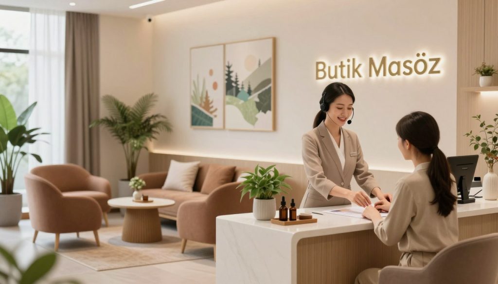 A serene and welcoming customer service area for "Butik Masöz," featuring a warm color palette of soft browns and soothing greens. In the foreground, a friendly customer service representative dressed in professional, modest attire is assisting a customer at a sleek, modern reception desk adorned with elegant decor, including calming plants and essential oils. In the middle, a tastefully arranged seating area offers plush chairs and tastefully designed tables, creating a comforting atmosphere. The background showcases serene artwork of nature and soft lighting, enhancing the relaxed mood. The image is well-lit, with gentle, diffused light filtering in from large windows, creating an inviting ambiance that reflects high-quality service and customer relations in a massage business context.