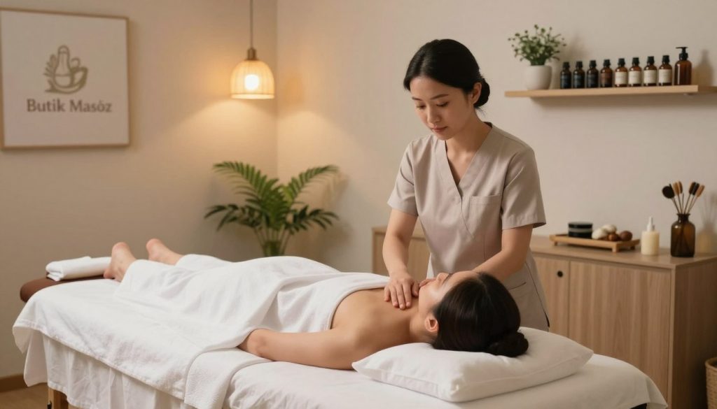A serene and welcoming massage therapy room, showcasing a neatly arranged massage table adorned with fresh linens. In the foreground, a professional female masseuse wearing modest, professional attire is attentively consulting with a client, emphasizing trust and professionalism. The middle ground features soft lighting from hanging pendant lamps, creating a calming atmosphere, with plants and soothing decor enhancing the sense of relaxation. The background includes shelves with neatly displayed essential oils and spa tools, indicating the authenticity of the environment. The overall mood is serene, focusing on comfort and professionalism. Include the brand name "Butik Masöz" subtly integrated into the decor without any text overlays. The image is captured with a warm, soft focus effect to enhance the tranquil ambiance, providing a visual representation of finding a reliable masseuse.