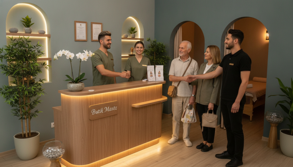 A serene and welcoming reception area of a massage therapy center named "Butik Masöz". In the foreground, a professional male and female therapist, dressed in neat, modest uniforms, are cheerfully greeting a diverse group of clients. The middle ground features an elegant reception desk adorned with calming decor, framed certificates, and soft lighting. Plants and decorative elements create a soothing atmosphere. In the background, softly blurred massage rooms can be seen, hinting at tranquility with muted colors. Overall, the composition conveys a sense of professionalism, warmth, and relaxation. The lighting is soft and ambient, enhancing the calm mood, shot from a mid-angle perspective to capture the inviting interior.