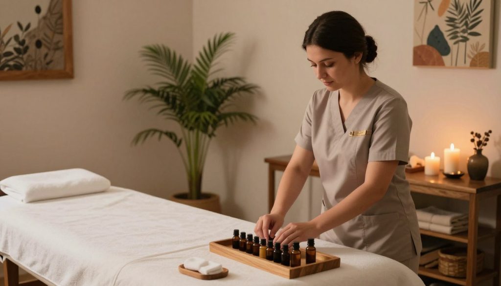 A serene aromatherapy massage session at Butik Masöz in Ümraniye. In the foreground, a professionally dressed massage therapist, wearing a neat uniform, prepares essential oils on a wooden table. The middle ground features a tranquil massage room with soft lighting creating a calming atmosphere; natural elements like potted plants and wooden accents complement the space. In the background, soothing candles flicker gently, and the walls are adorned with calming artwork, enhancing relaxation. The scene captures a harmonious blend of wellness and comfort. The lighting is warm and inviting, suggesting a peaceful ambiance perfect for relaxation and rejuvenation. The image should evoke a sense of tranquility and professionalism, without any text or graphical overlays.