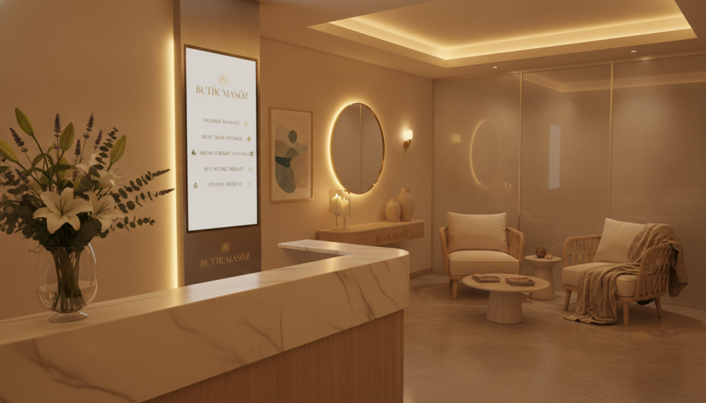 A serene city center spa reception area, featuring a modern, inviting atmosphere. In the foreground, a stylish reception desk adorned with a fresh flower arrangement. A digital price board behind the desk displays various massage services with their corresponding price ranges, illustrated in an elegant font. In the middle ground, soft lighting illuminates the space, reflecting off polished surfaces and calming decorations like wall art and candles, creating a tranquil mood. In the background, glimpses of a cozy waiting area with comfortable seating and soft cushions. The brand name "Butik Masöz" is subtly incorporated into the decor. The image is captured with a warm light and a slightly tilted angle, emphasizing the welcoming ambiance of the massage salon. No people are depicted, ensuring a professional look.