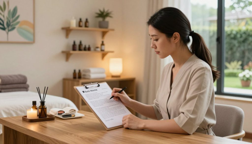 A serene consultation scene inside a cozy massage therapy room, featuring a professional female masseuse in modest business attire sitting at a wooden desk. She is attentively reviewing handwritten customer testimonials displayed on a clip board. In the background, soft ambient lighting creates a warm atmosphere, with shelves adorned with soothing aromatherapy products and neatly folded towels. The room is decorated with calming artworks depicting nature, enhancing the tranquil mood. A large window shows a glimpse of a peaceful garden outside, providing natural light. The focus is on the insightful comments from previous clients, emphasizing their satisfaction and trust in the services of "Butik Masöz". The composition captures a sense of professionalism, comfort, and dedication to client care.