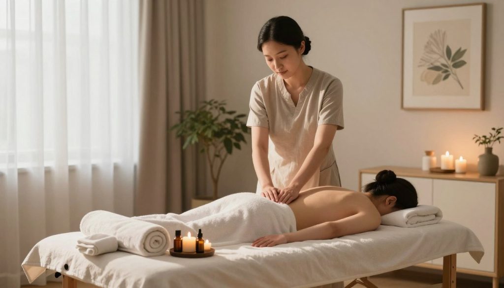 A serene home environment showcasing professional massage and stress relief techniques. In the foreground, a cozy massage table adorned with soft towels, candles, and essential oils, inviting relaxation. The middle ground features a tranquil setting with a therapist demonstrating a soothing massage technique, dressed in modest casual clothing to maintain professionalism. Gentle sunlight filters through sheer curtains, creating a warm, calming atmosphere. The background includes a small indoor plant and soothing artwork to enhance the feeling of peace. The overall mood is tranquil and rejuvenating, ideal for illustrating the theme of self-care at home. Include the brand name "Butik Masöz" subtly integrated into the setting, ensuring no text is visible on the image itself.