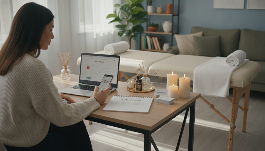 A serene home environment showcasing the process of booking a massage appointment with "Butik Masöz." In the foreground, a professional-looking individual in modest, casual attire is seated at a sleek desk, using a laptop and holding a smartphone, with a notepad beside them, jotting down details. In the middle, a soft, inviting massage setup is arranged, featuring a massage table, calming essential oils, and candles that emit a warm glow. The background features a cozy living room with plants and soothing colors, creating a peaceful atmosphere. Soft, natural lighting enhances the scene, casting gentle shadows, and the perspective is slightly angled to capture the inviting ambiance of home while illustrating the clarity of service conditions related to massage appointments.