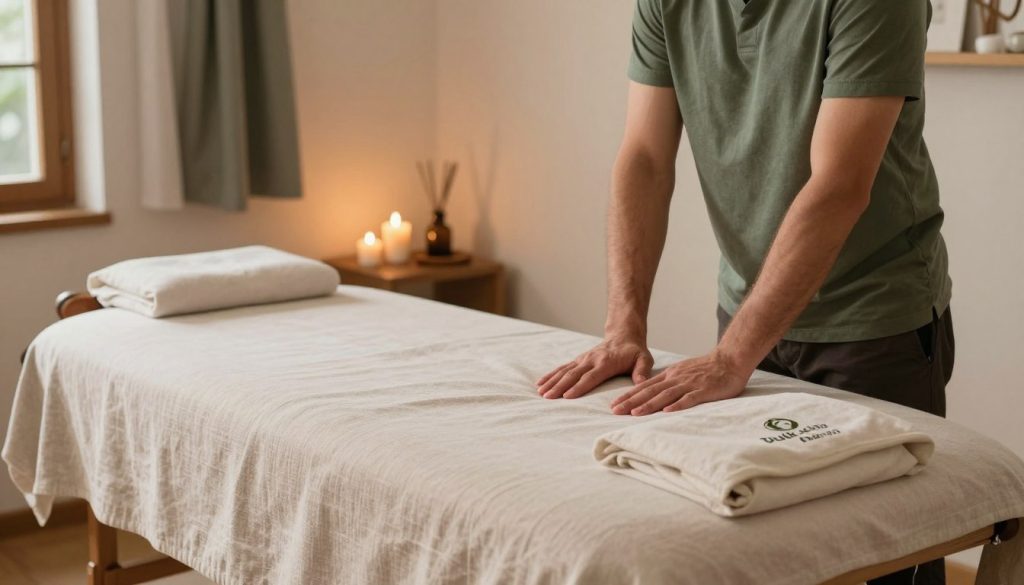 A serene home massage setting on the European side of Istanbul, featuring a well-arranged massage table draped with soft, neutral-colored linens. In the foreground, a professional masseur in modest casual clothing prepares the space, demonstrating a welcoming demeanor. The middle of the scene showcases soothing ambient lighting with candles and essential oil diffusers, creating a tranquil atmosphere. Soft, natural fabrics hang gently in the background, emphasizing a calming aesthetic. The color palette includes warm earth tones and soft greens, evoking relaxation. The branding "Butik Masöz" is subtly featured on the massage table. The overall mood is inviting and peaceful, perfect for conveying the importance of a comfortable massage environment.