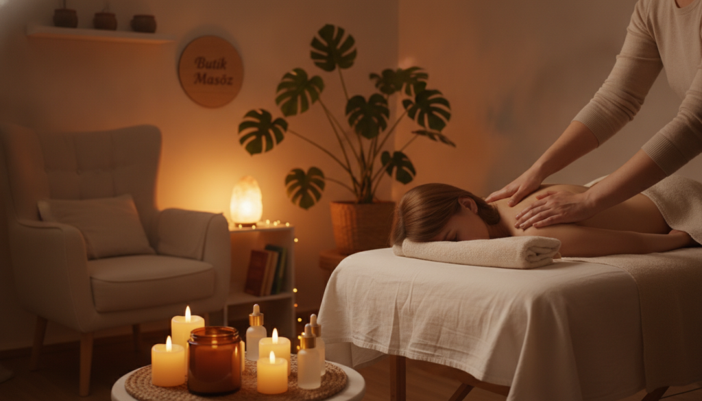 A serene home massage setting that provides a cozy and inviting atmosphere. In the foreground, a soft massage table with a plush white sheet, surrounded by calming candles and essential oil bottles scattered elegantly. A pair of hands, depicted in professional yet modest attire, expertly applies massage techniques on a shoulder, showcasing a gentle yet effective approach. In the middle, a relaxing ambiance created by warm lighting, casting soft shadows. In the background, home decor elements like plants and a comfortable chair contribute to the tranquility. Capture the mood of relaxation and self-care with warm colors. Subtly include the brand name "Butik Masöz" in the decor without making it a focal point.