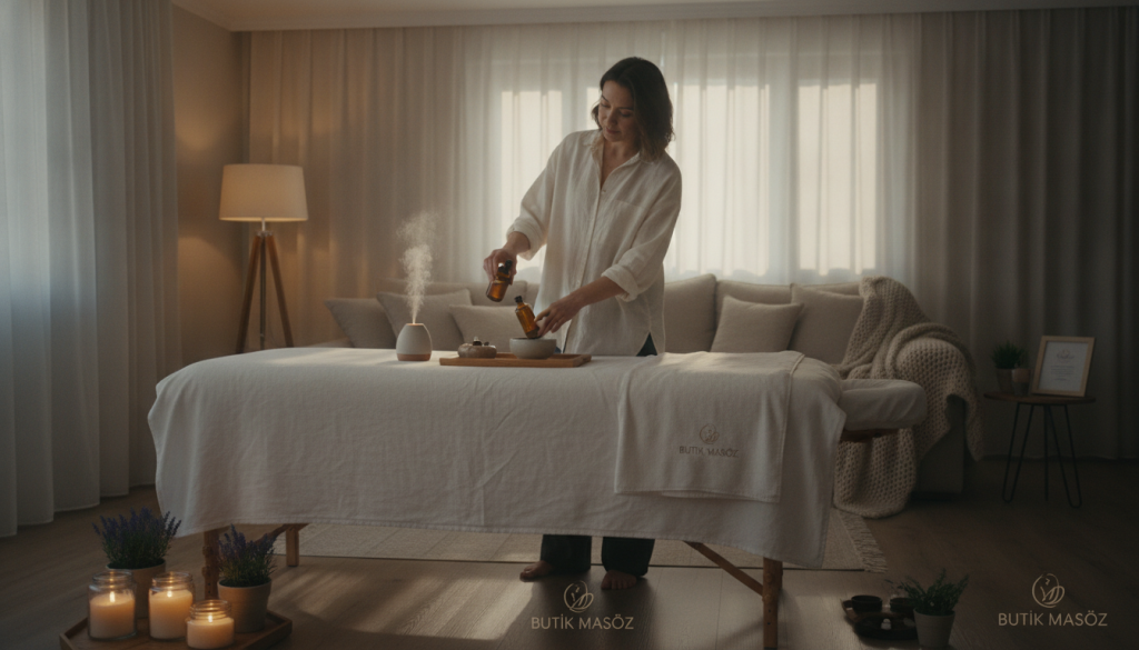 A serene home massage setup in a cozy, softly lit living room, reflecting a relaxing ambiance. In the foreground, a massage table is elegantly draped with plush white linens, surrounded by aromatic candles and soothing lavender plants. In the middle, a professional therapist in modest casual attire is preparing essential oils, exuding a sense of calm and professionalism. The background features gentle, warm lighting that enhances the tranquil atmosphere, with soft textures like cushions and a cozy blanket visible. Natural light streams softly through sheer curtains, casting a warm glow. The scene embodies the advantages of at-home massage experiences, emphasizing comfort and relaxation, with a subtle branding of "Butik Masöz" integrated into the environment.