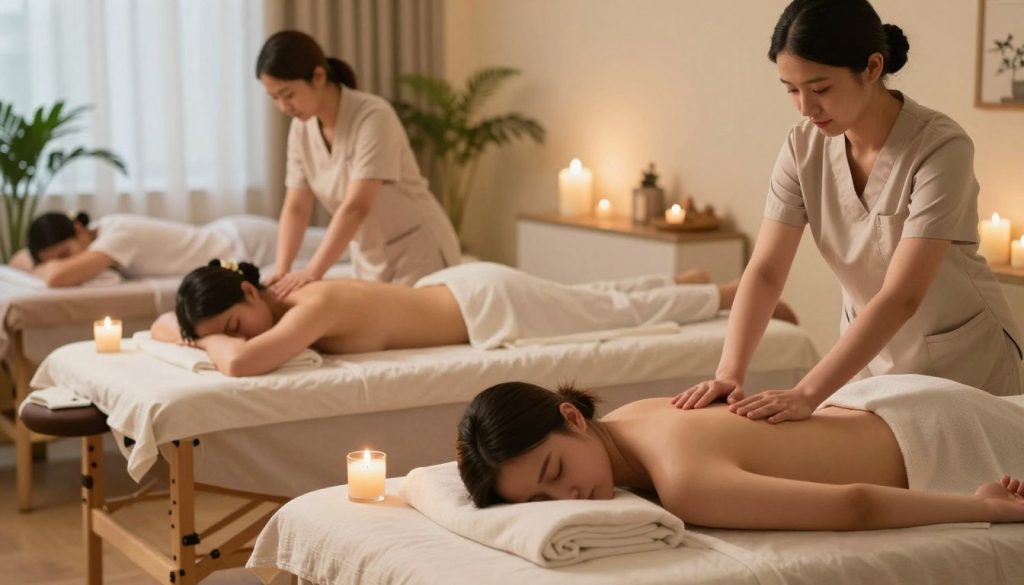 A serene home massage therapy scene depicting various types of massages. In the foreground, a cozy massage setup with aromatic candles and essential oils, a massage table draped in soft linens, and a therapist in professional attire demonstrating Swedish massage techniques. In the middle, clients experiencing different massage styles—deep tissue, aromatherapy, and Shiatsu—each in relaxing poses, surrounded by greenery and warm lighting that creates a calming atmosphere. The background features a softly lit room with calming decor, such as plants and soothing colors, conveying tranquility. The image should evoke a sense of relaxation and comfort, emphasizing the concept of "Butik Masöz" as a destination for diverse massage treatments in a home setting.