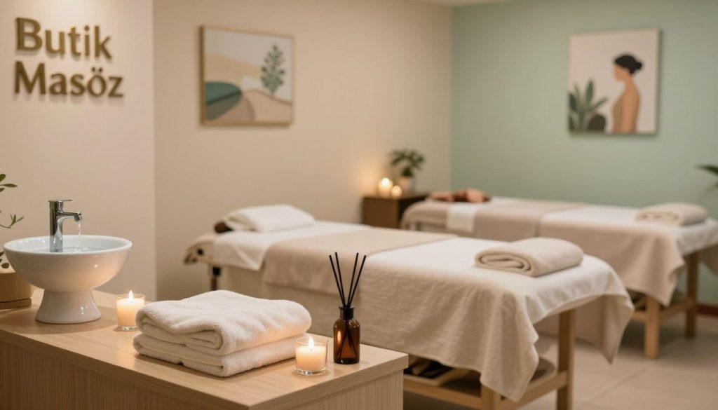 A serene interior of a Beşiktaş massage salon named "Butik Masöz," showcasing various massage therapy types. In the foreground, a well-organized reception area features soft, warm lighting, with fresh towels and a calming water fountain. In the middle, a cozy treatment room is visible, with a massage table draped in soft linens, surrounded by aromatic candles and essential oil diffusers. The background reveals a peaceful ambiance with soothing colors, such as beige and light green, complemented by calming artwork on the walls. The atmosphere is tranquil and inviting, emphasizing relaxation and wellness. Capture this scene with a focus on a soft bokeh effect, using natural light to enhance the soothing environment, creating a perfect space for various massage therapies.