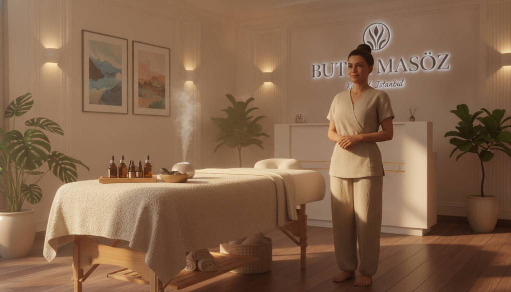 A serene interior of a massage salon labeled "Butik Masöz" set in Kartal, Istanbul. The foreground features a cozy massage table adorned with soft towels and soothing essential oils, inviting relaxation. In the middle, a professional massage therapist in modest attire prepares for a session, displaying a welcoming and calm demeanor. The background presents elegantly designed soothing decor—soft ambient lighting, plants for tranquility, and calming artwork on the walls. The overall atmosphere is peaceful and rejuvenating, conveying a sense of luxury and care. Soft, diffused lighting enhances the serene ambiance, with a warm color palette creating an inviting mood. The setting is holistic, emphasizing comfort and trust in choosing the right massage service.