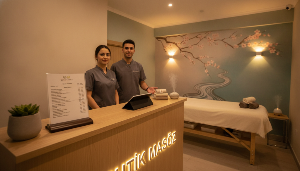 A serene interior of a massage salon named "Butik Masöz" in Esenyurt, showcasing a perfect balance of pricing and quality. The foreground features a beautifully arranged reception desk with stylish decor and a price list displayed elegantly on a wooden stand. In the middle ground, a peaceful massage room with soothing colors, soft lighting, and a comfortable massage table, exuding a calm atmosphere. The background highlights serene wall art, perhaps with nature themes, promoting relaxation. Soft, warm lighting creates a welcoming mood, emphasizing quality and professionalism. A low-angle perspective enhances the inviting feel, while ensuring all human figures, dressed in professional attire, represent a courteous and qualified staff.