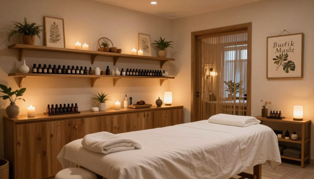 A serene interior of a massage salon named "Butik Masöz" in Şişli, Istanbul. In the foreground, a comfortable massage table with soft white linens, surrounded by ambient lighting from warm, soft lamps creating a relaxing glow. In the middle, elegant wooden shelves lined with neatly arranged essential oils, candles, and soothing decor elements like plants and artful wall hangings. The background features a softly lit entrance with bamboo curtains and a tranquil atmosphere enriched by subtle scents. The space exudes calmness and professionalism, ideal for a spa. Capture the details with a wide-angle lens to showcase the inviting ambiance and soothing color palette, while ensuring the overall mood is peaceful and welcoming.