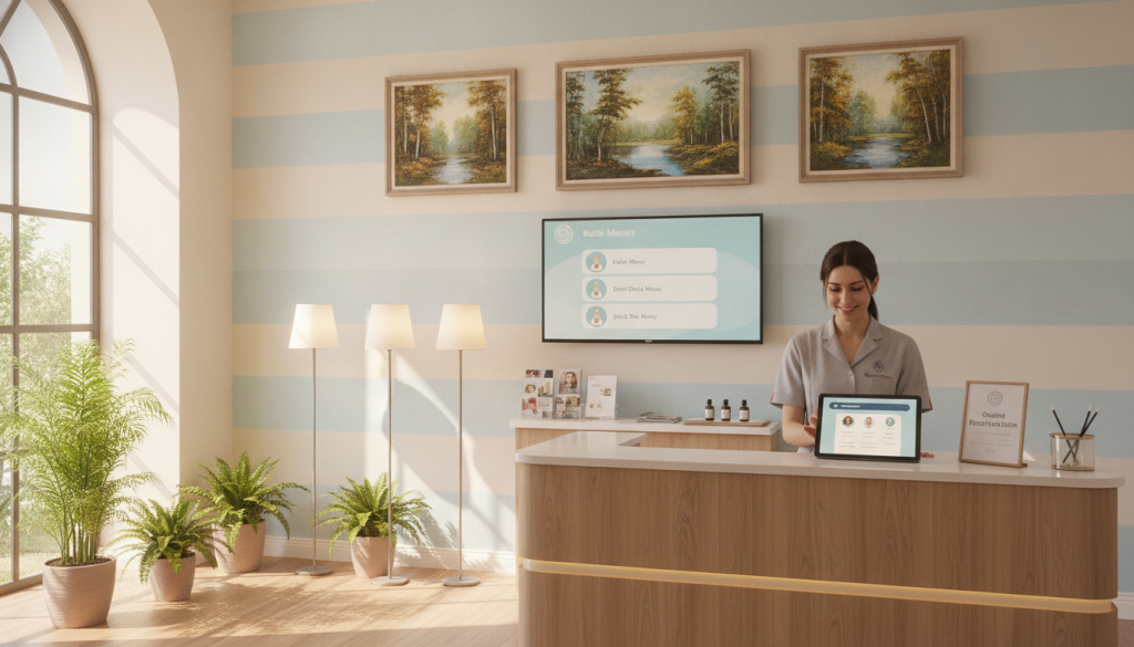 A serene interior of a modern massage booking system at "Butik Masöz" in Kadıköy. In the foreground, a sleek wooden reception desk with a friendly staff member dressed in professional attire, engaging with a digital reservation tablet. The middle ground features relaxing elements like soothing plants, soft lighting from stylish lamps, and a display of massage service options. The background showcases a calming ambiance, with soft pastel colors on the walls and framed artwork of tranquil landscapes. Warm, natural lighting filters through large windows, creating an inviting atmosphere. The overall mood is peaceful, emphasizing comfort and professionalism. The scene is designed to illustrate the ease and accessibility of the reservation process for clients seeking massage therapy.